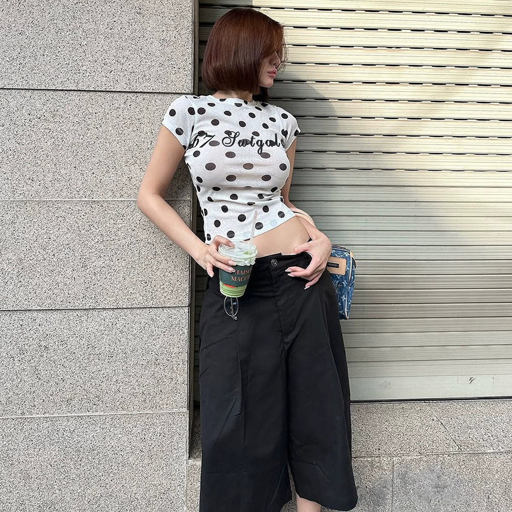 Zara Summer Polka Dot Letter Print Slim Fit Short Sleeve Top